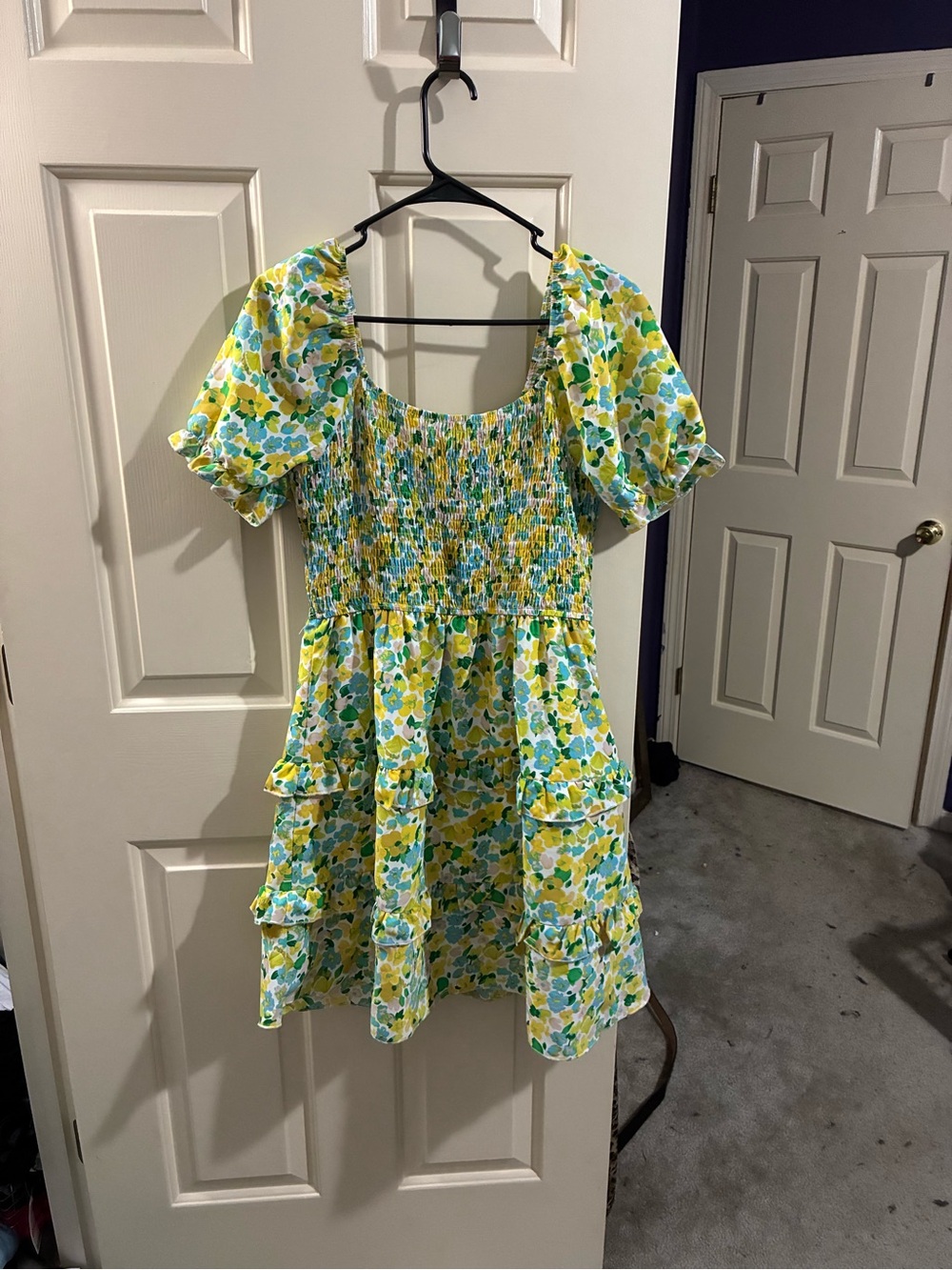 Smocked Floral Midi Dress with Puff Sleeves - Yellow & Green